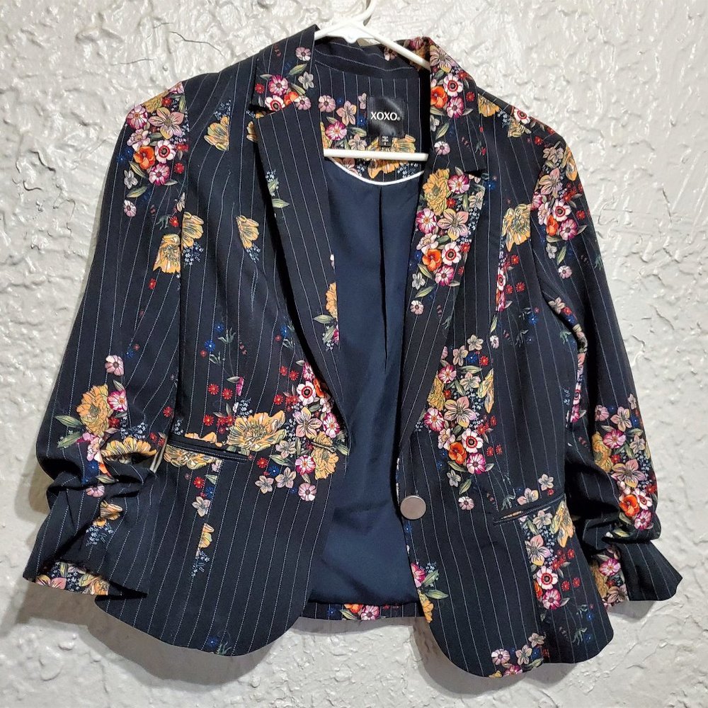 80'S Inspired Black Flowered Business Jacket